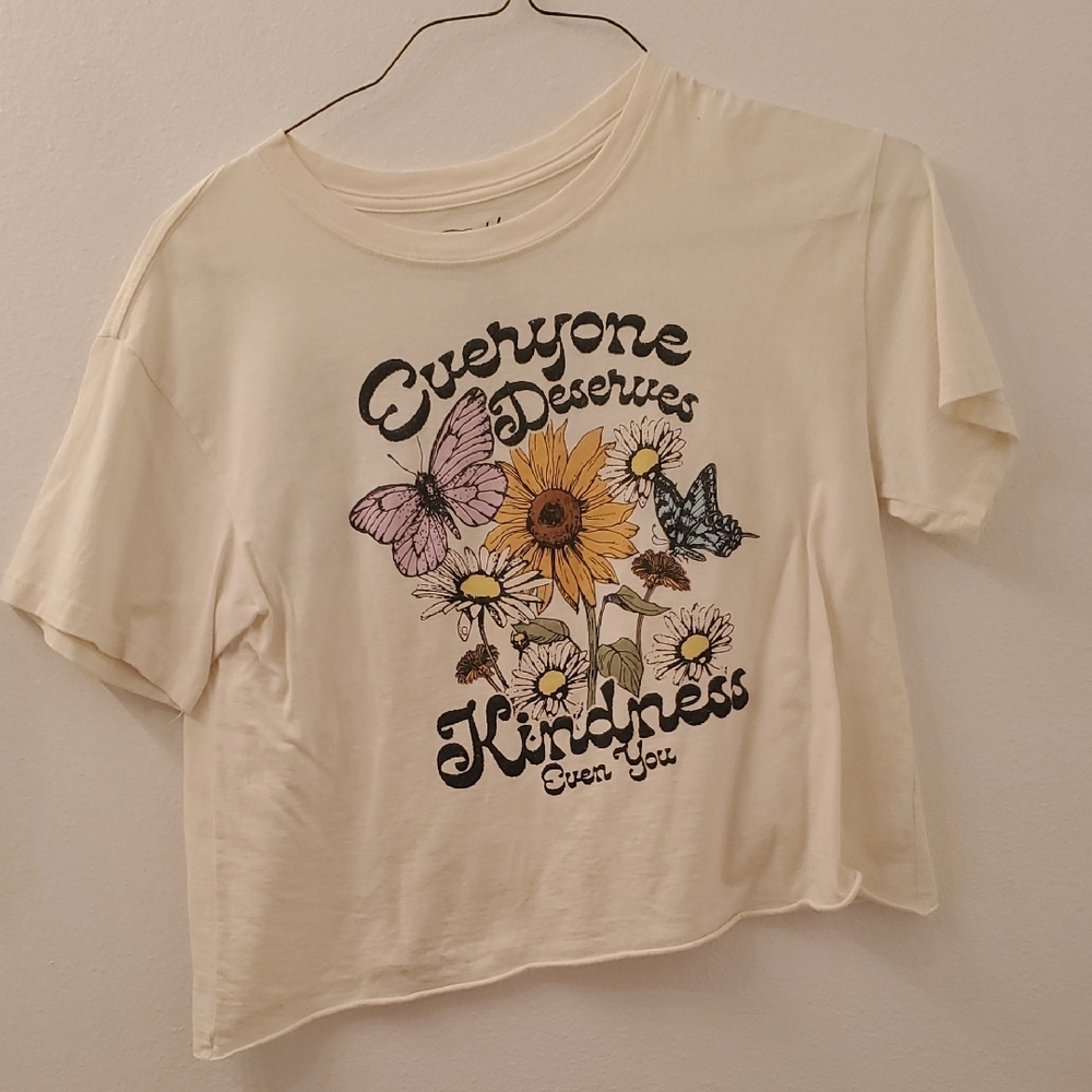 Cream Graphic Tee with Floral and Butterfly Design
